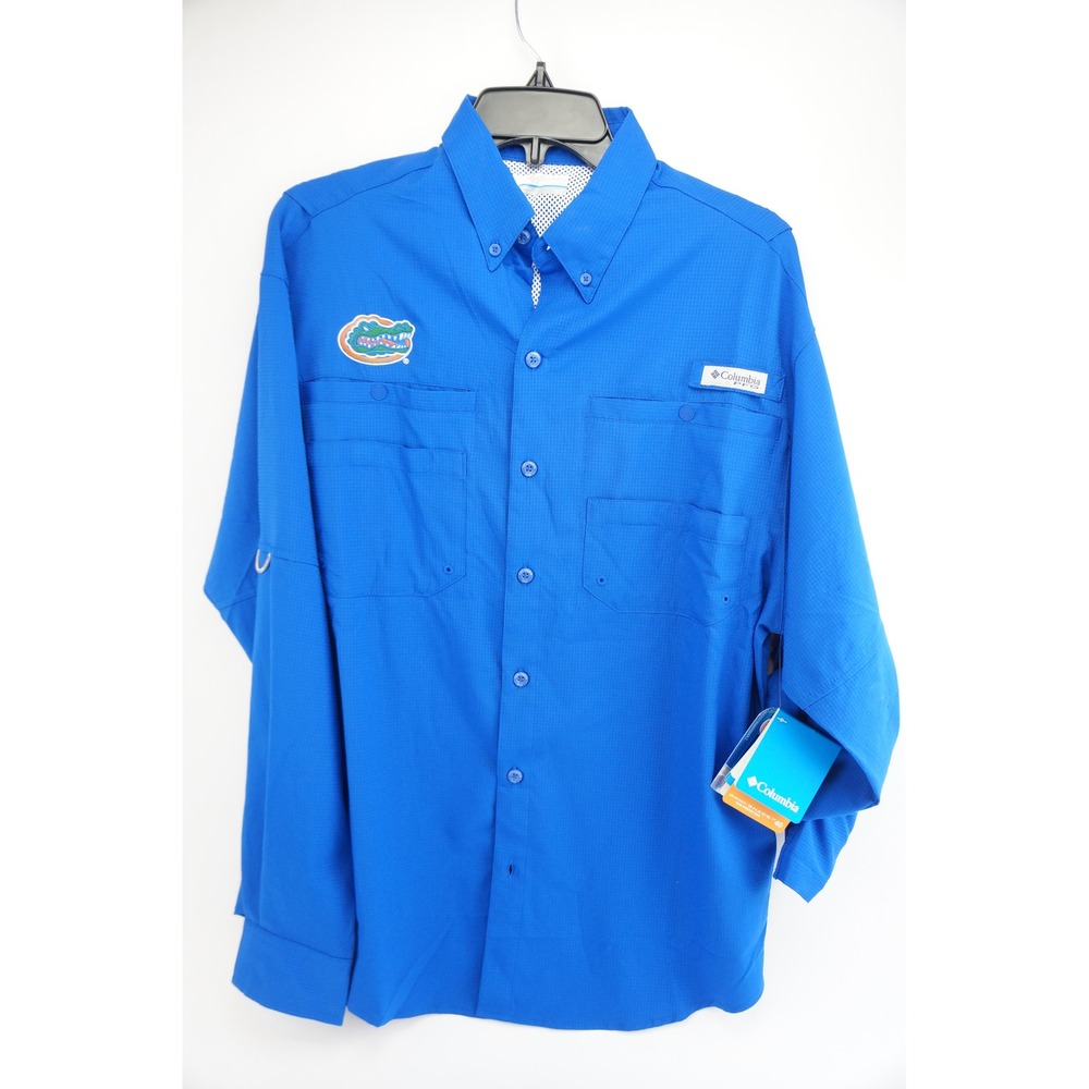 NWT Columbia PFG Florida Gators Men Small Blue Tamiami Long Sleeve Fishing Shirt